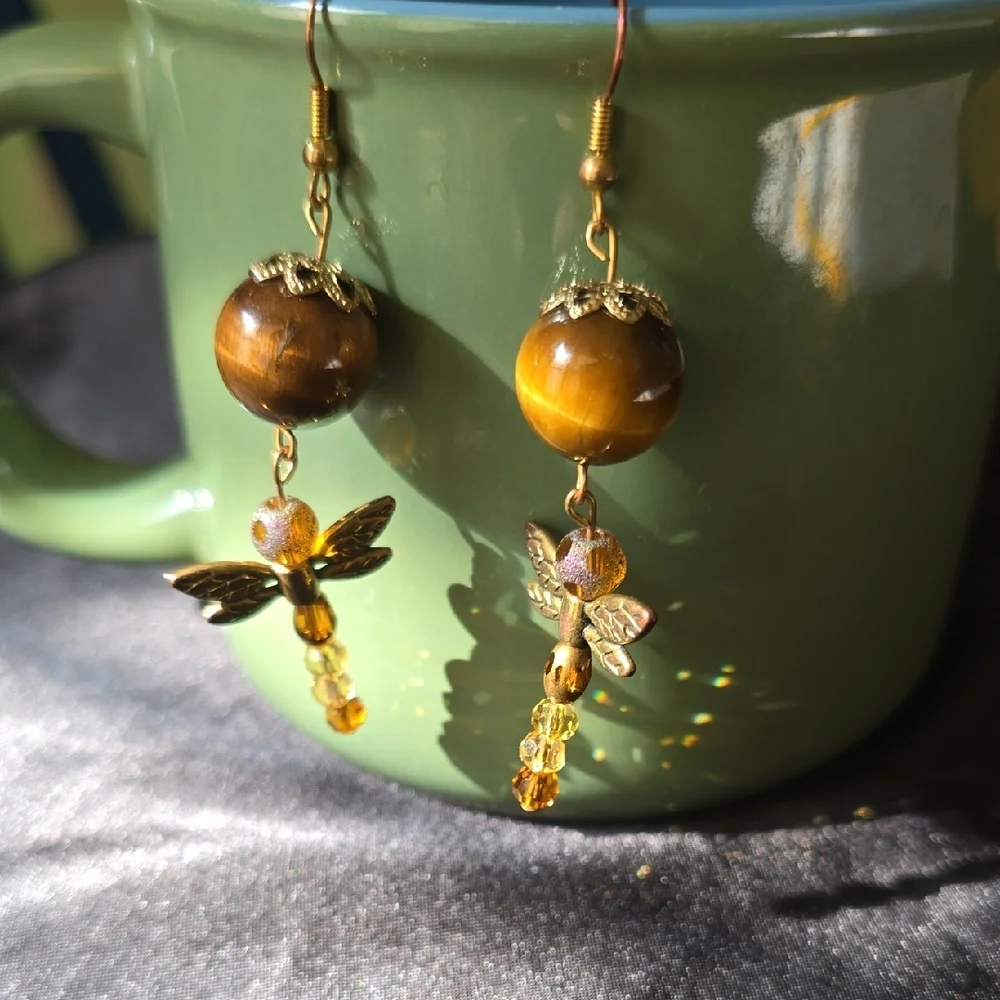 Golden Dragonfly Earrings with Brown Accents - Picture 2 of 4